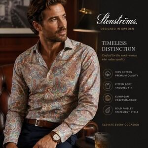 Stenströms Paisley Dress Shirt Fitted Body Luxury Cotton European Sweden 16.5 42